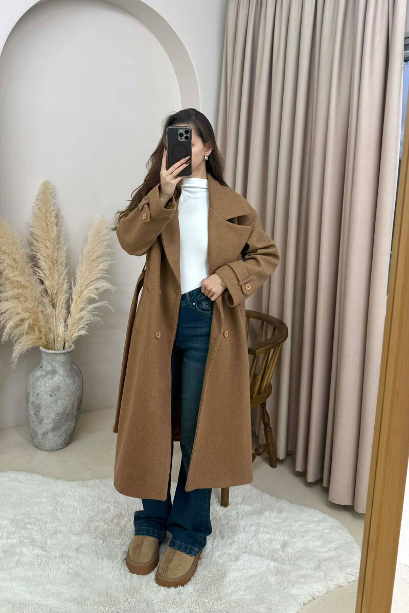 ONE COLOR BELT DETAIL LONG WOMEN TRENCH COAT BROWN/KAFE - 5