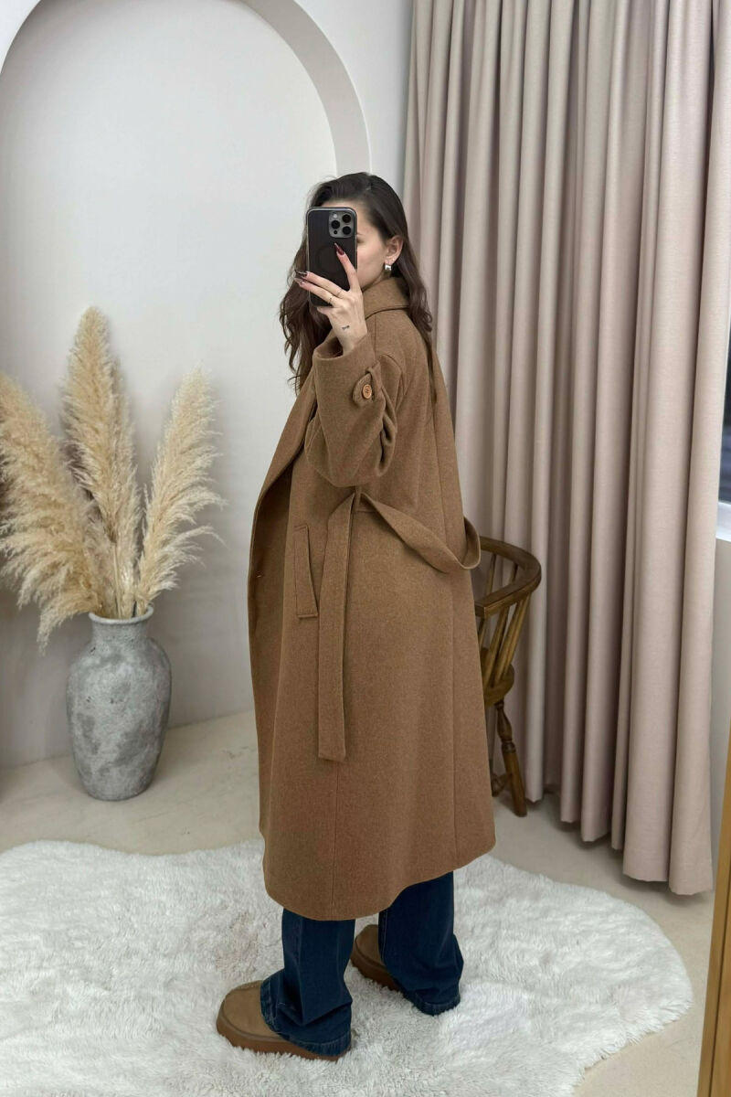 ONE COLOR BELT DETAIL LONG WOMEN TRENCH COAT BROWN/KAFE - 6