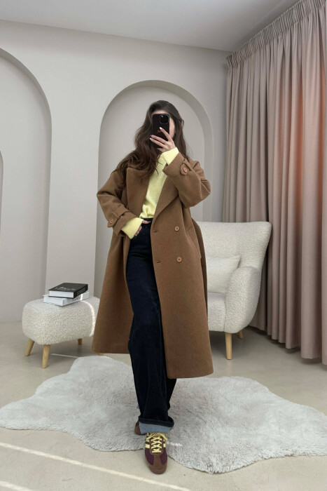 ONE COLOR BELT DETAIL LONG WOMEN TRENCH COAT BROWN/KAFE - 2