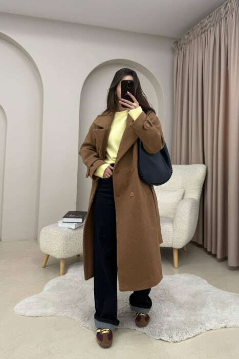 ONE COLOR BELT DETAIL LONG WOMEN TRENCH COAT BROWN/KAFE - 3