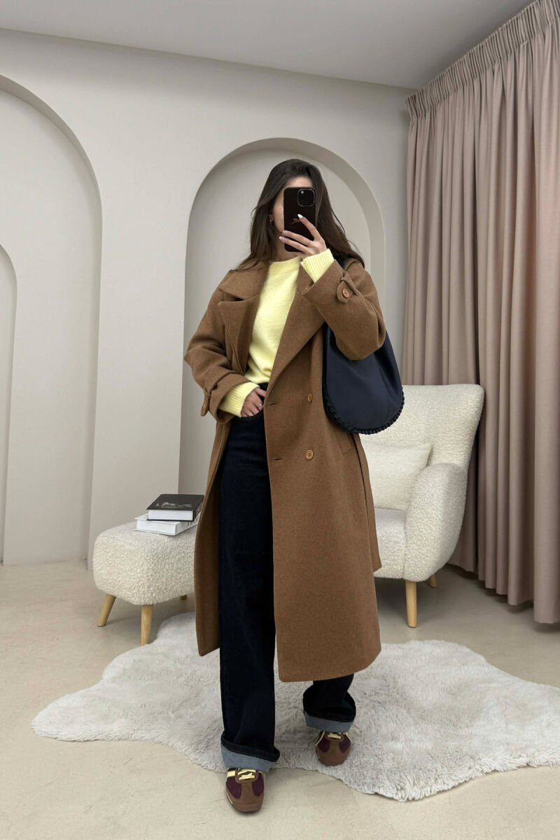 ONE COLOR BELT DETAIL LONG WOMEN TRENCH COAT BROWN/KAFE - 3