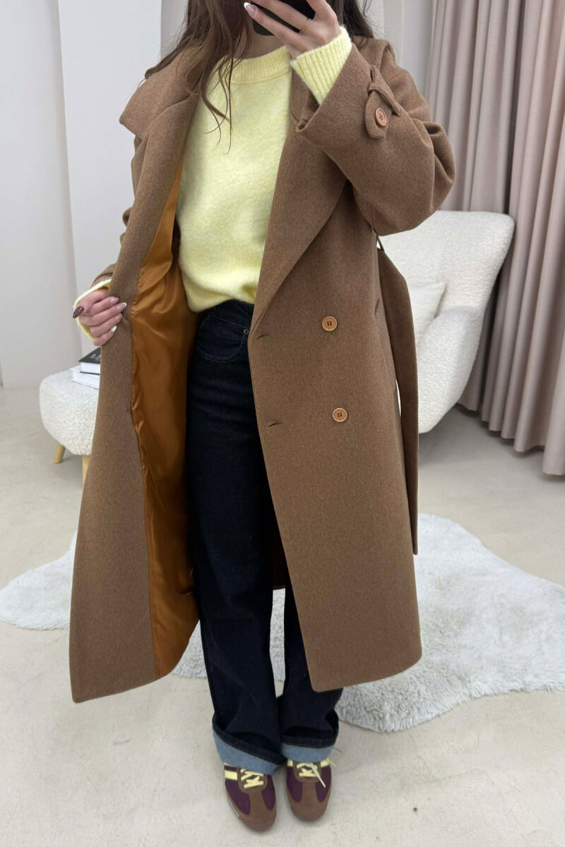 ONE COLOR BELT DETAIL LONG WOMEN TRENCH COAT BROWN/KAFE - 1