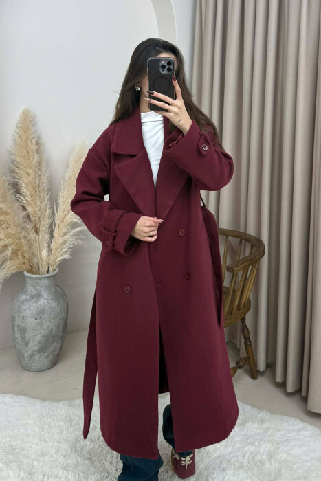 ONE COLOR BELT DETAIL LONG WOMEN TRENCH COAT BURGUNDY/VISHNJE - KLAUDIO FASHION