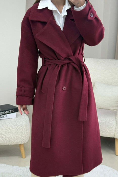 ONE COLOR BELT DETAIL LONG WOMEN TRENCH COAT BURGUNDY/VISHNJE 