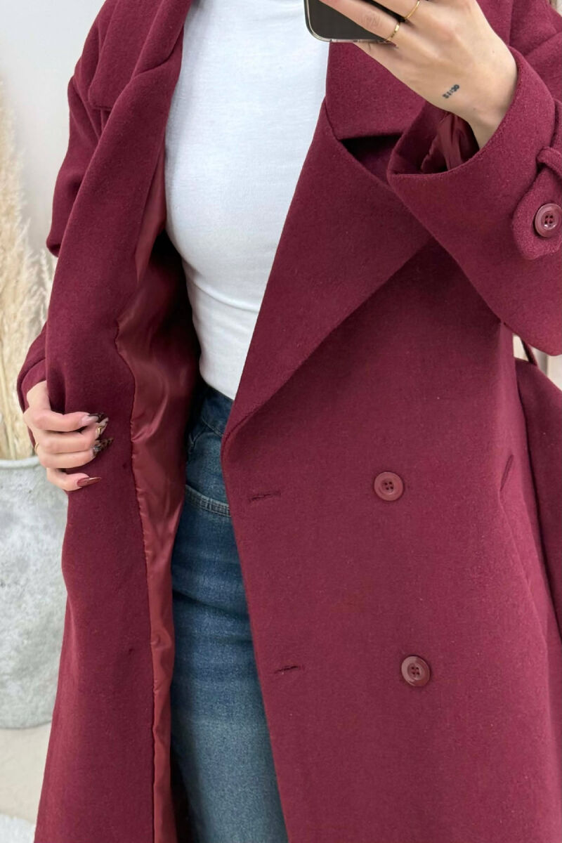 ONE COLOR BELT DETAIL LONG WOMEN TRENCH COAT BURGUNDY/VISHNJE - 2