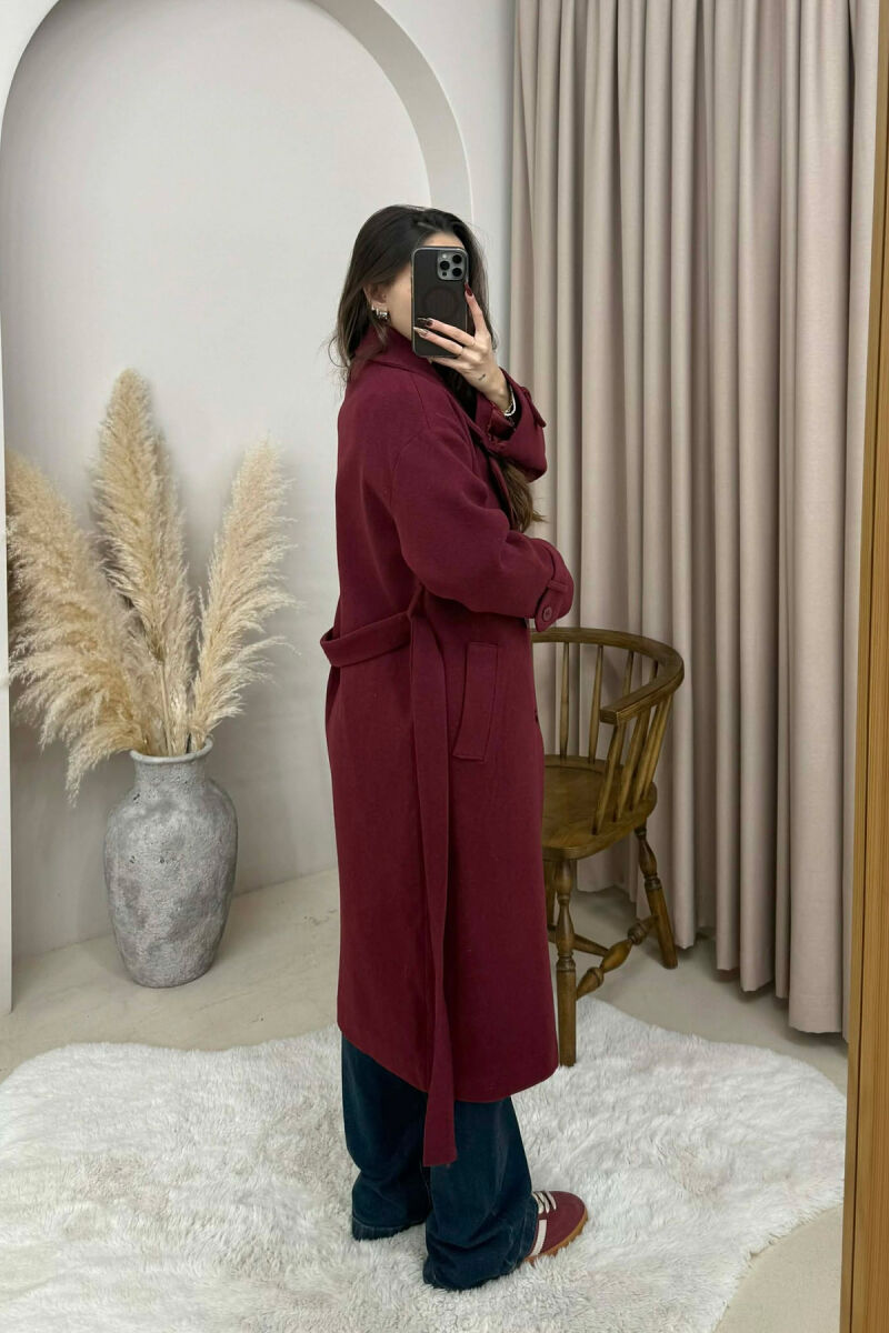 ONE COLOR BELT DETAIL LONG WOMEN TRENCH COAT BURGUNDY/VISHNJE - 3