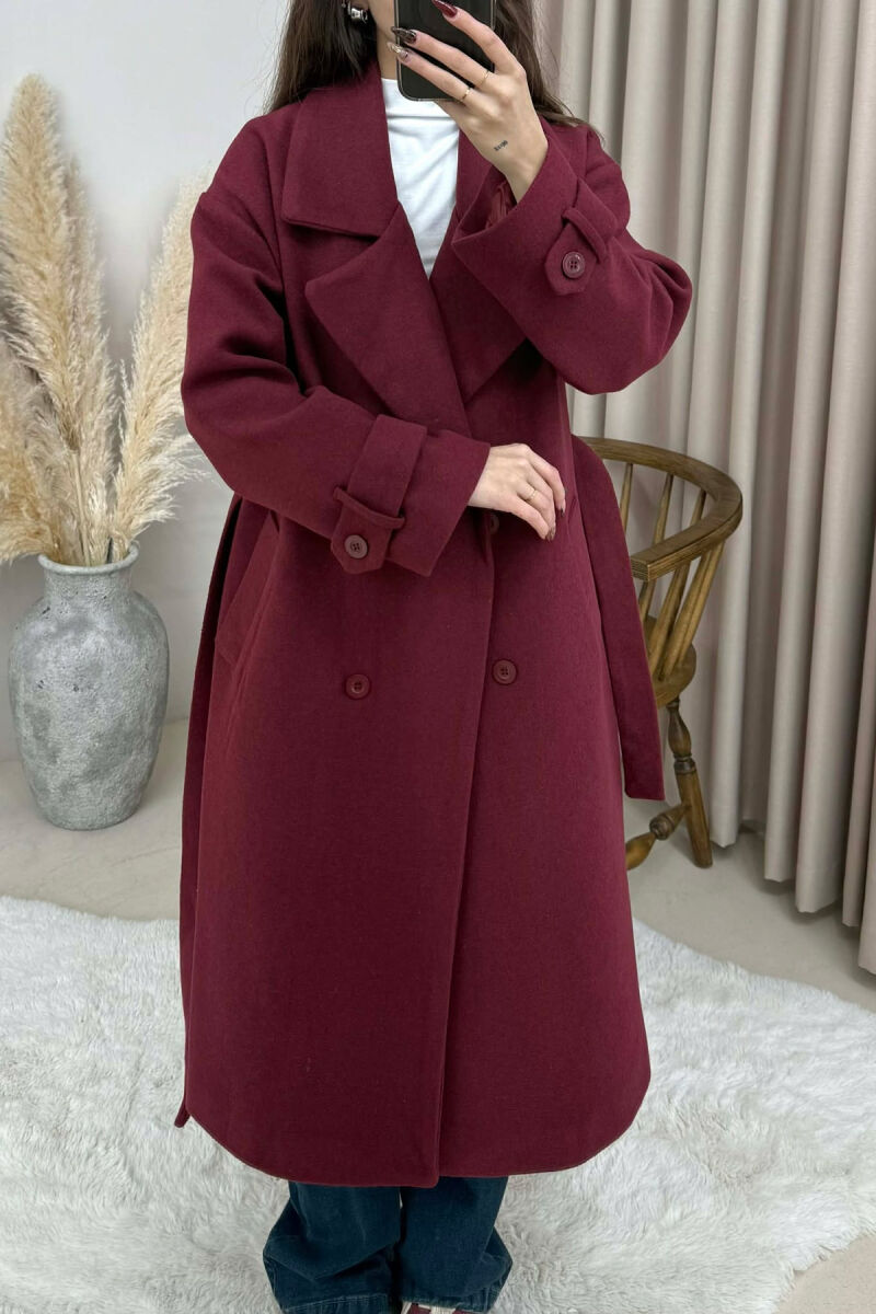 ONE COLOR BELT DETAIL LONG WOMEN TRENCH COAT BURGUNDY/VISHNJE - 4