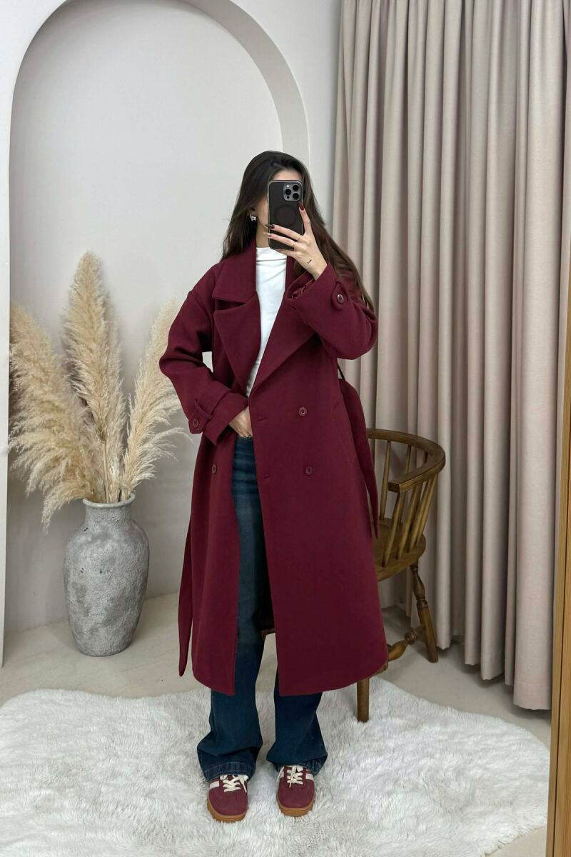 ONE COLOR BELT DETAIL LONG WOMEN TRENCH COAT BURGUNDY/VISHNJE - 5