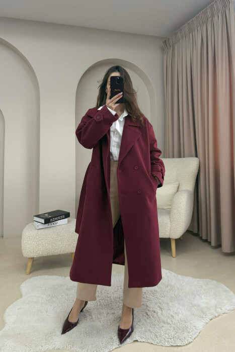 ONE COLOR BELT DETAIL LONG WOMEN TRENCH COAT BURGUNDY/VISHNJE - 2