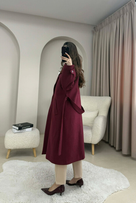 ONE COLOR BELT DETAIL LONG WOMEN TRENCH COAT BURGUNDY/VISHNJE - 4