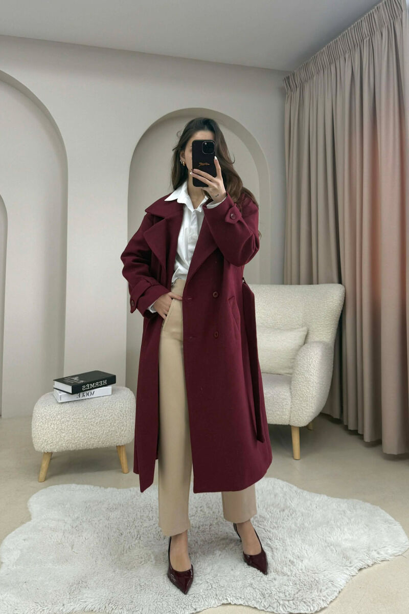 ONE COLOR BELT DETAIL LONG WOMEN TRENCH COAT BURGUNDY/VISHNJE - 5