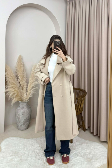 ONE COLOR BELT DETAIL LONG WOMEN TRENCH COAT CREAM/KREM - 1