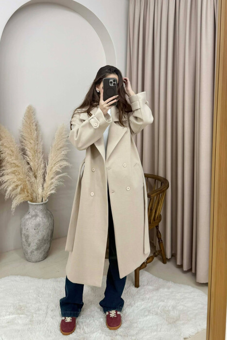 ONE COLOR BELT DETAIL LONG WOMEN TRENCH COAT CREAM/KREM - 2