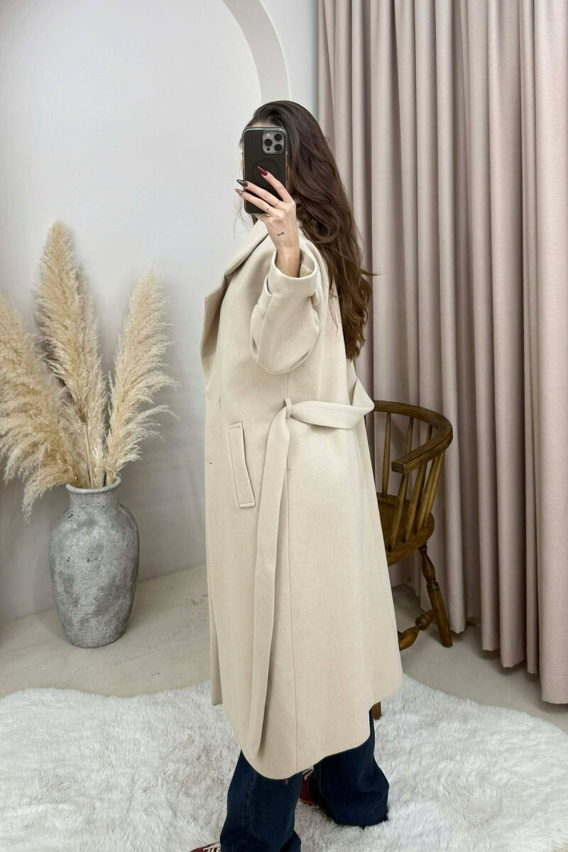ONE COLOR BELT DETAIL LONG WOMEN TRENCH COAT CREAM/KREM - 3