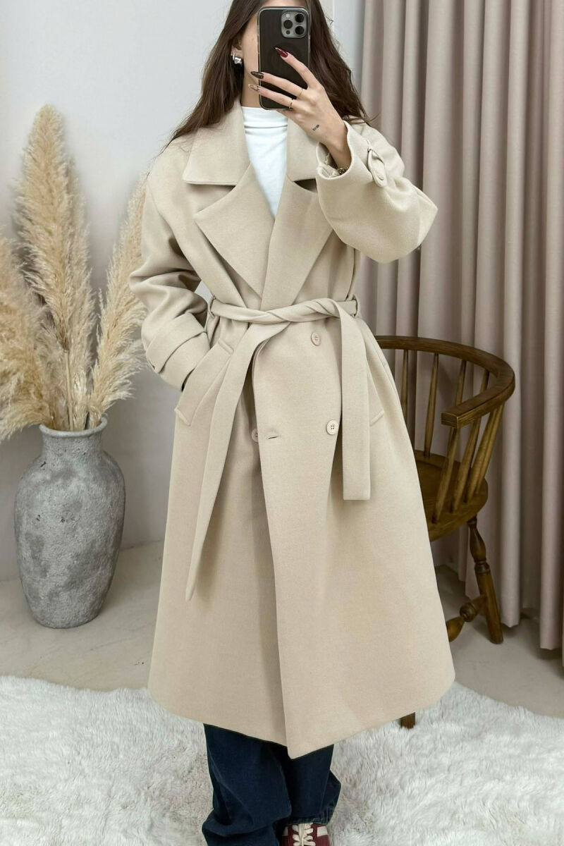 ONE COLOR BELT DETAIL LONG WOMEN TRENCH COAT CREAM/KREM - 4