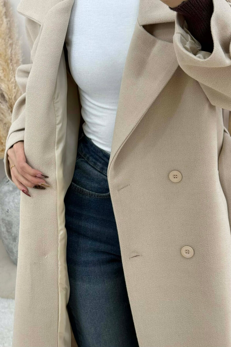 ONE COLOR BELT DETAIL LONG WOMEN TRENCH COAT CREAM/KREM - 5