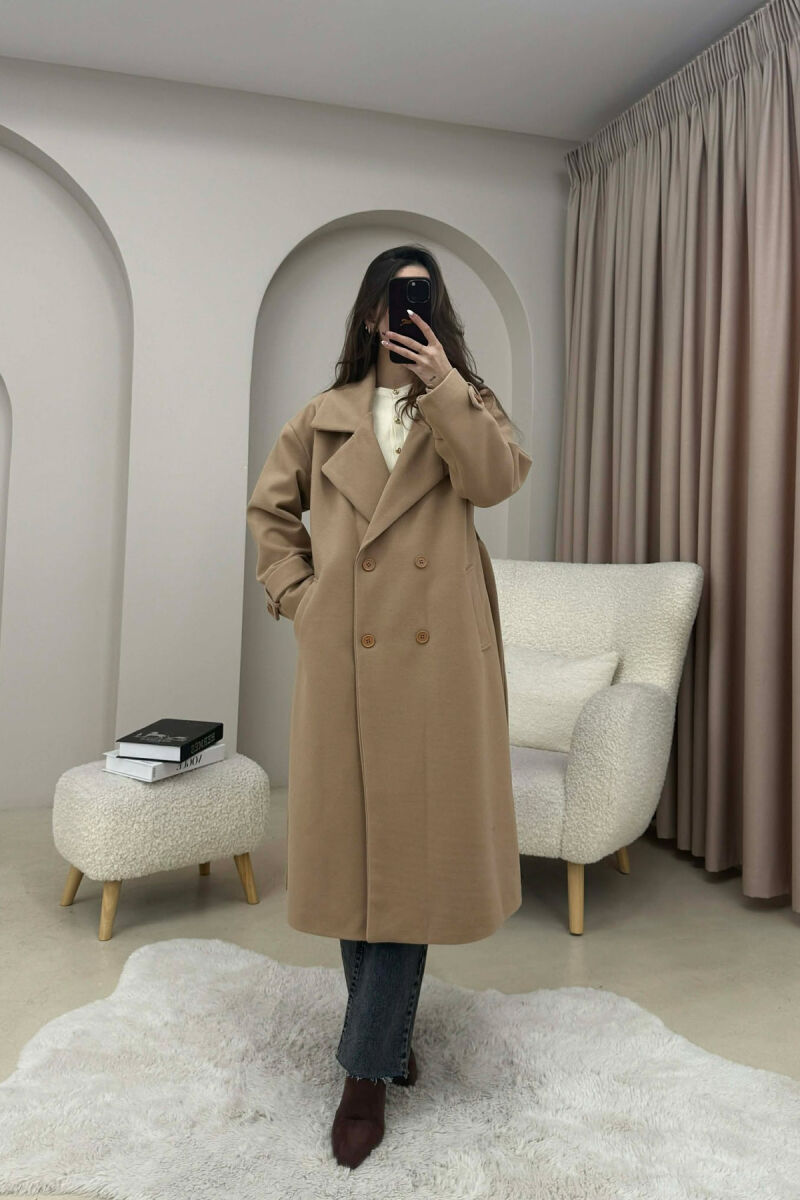 ONE COLOR BELT DETAIL LONG WOMEN TRENCH COAT DARK BEIGE/BEZHE ERRET - 2