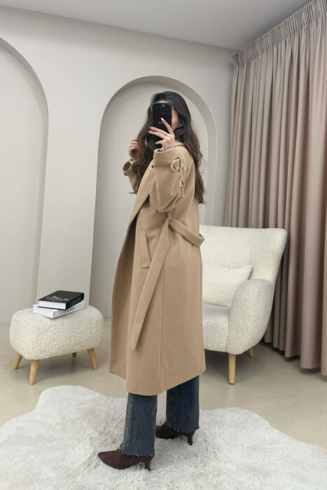 ONE COLOR BELT DETAIL LONG WOMEN TRENCH COAT DARK BEIGE/BEZHE ERRET - 3