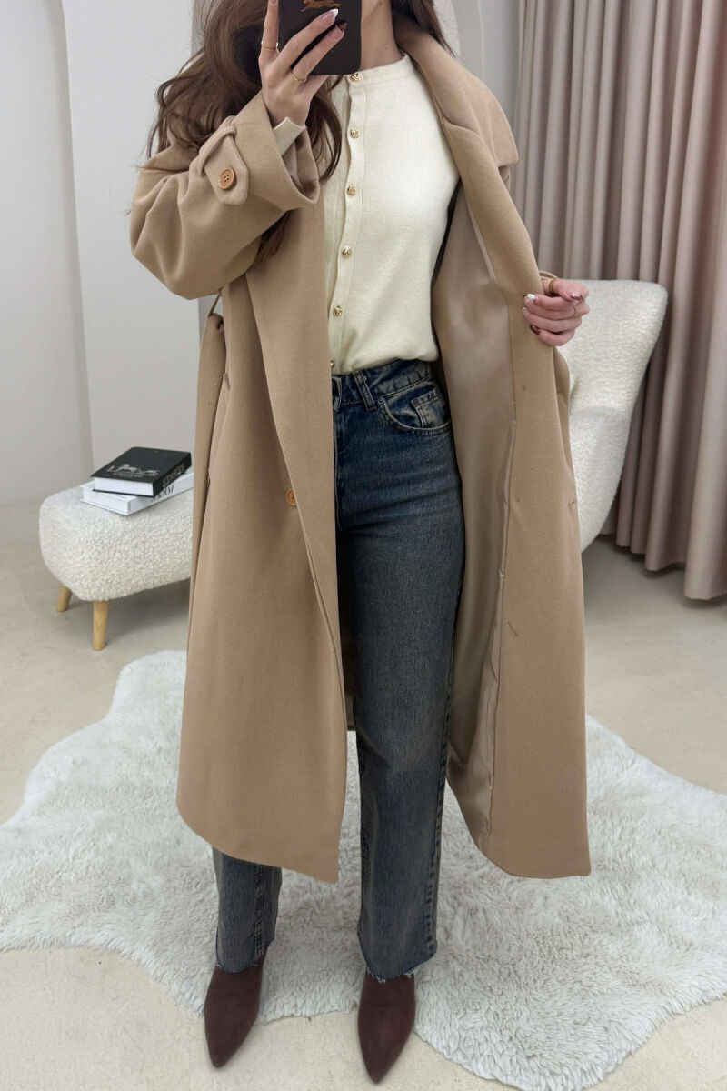 ONE COLOR BELT DETAIL LONG WOMEN TRENCH COAT DARK BEIGE/BEZHE ERRET - 1