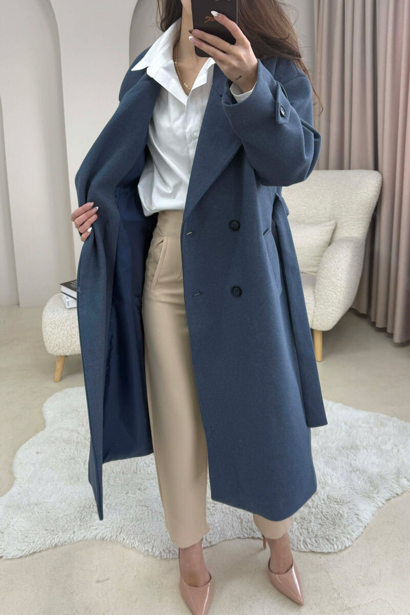 ONE COLOR BELT DETAIL LONG WOMEN TRENCH COAT DARK BLUE/BEE - 3