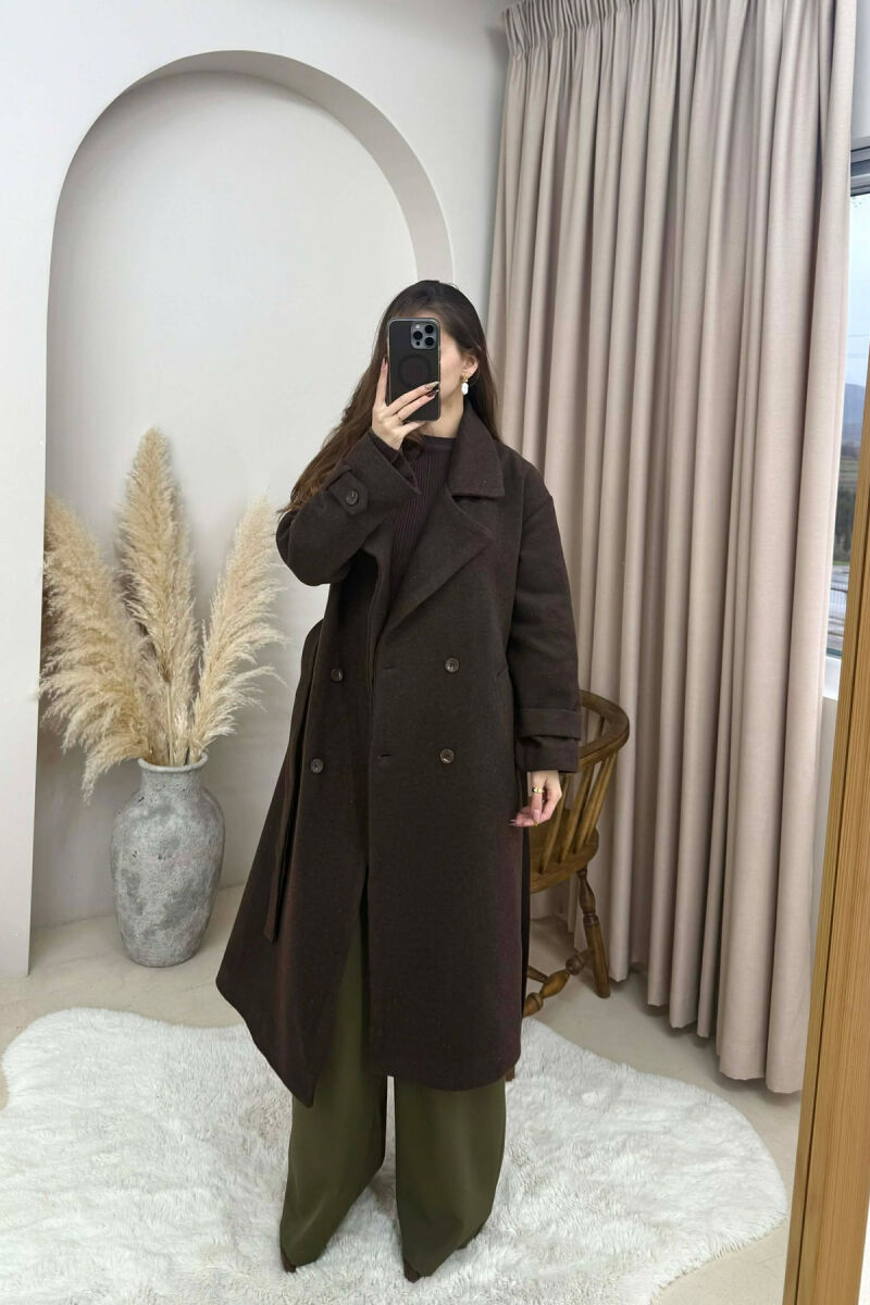 ONE COLOR BELT DETAIL LONG WOMEN TRENCH COAT DARK BROWN/KAE - 1