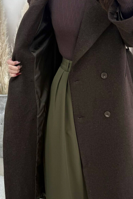 ONE COLOR BELT DETAIL LONG WOMEN TRENCH COAT DARK BROWN/KAE - 2