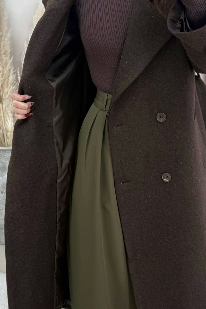 ONE COLOR BELT DETAIL LONG WOMEN TRENCH COAT DARK BROWN/KAE - 2