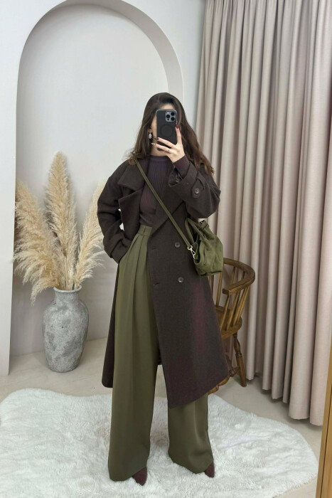 ONE COLOR BELT DETAIL LONG WOMEN TRENCH COAT DARK BROWN/KAE - 3
