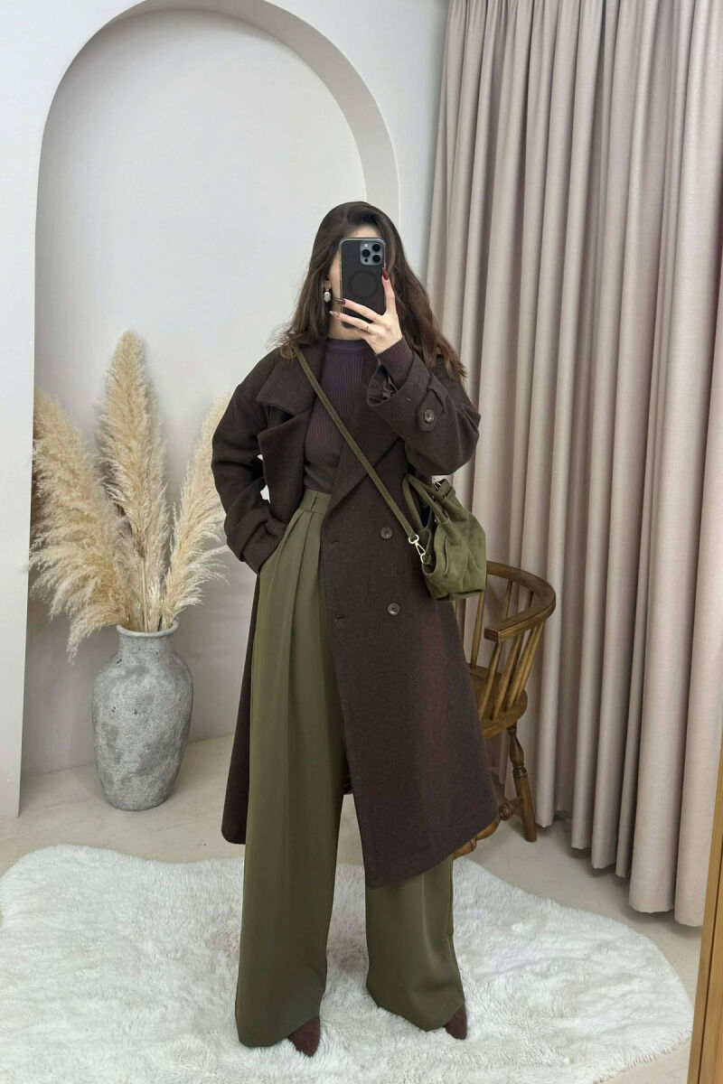 ONE COLOR BELT DETAIL LONG WOMEN TRENCH COAT DARK BROWN/KAE - 3