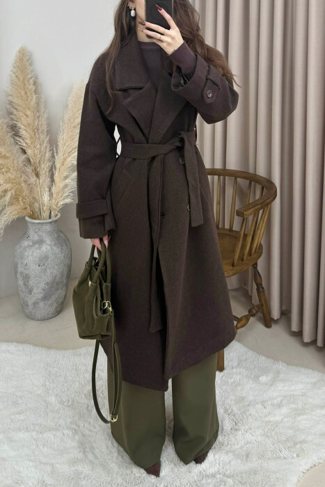 ONE COLOR BELT DETAIL LONG WOMEN TRENCH COAT DARK BROWN/KAE - 4