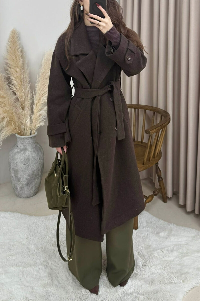ONE COLOR BELT DETAIL LONG WOMEN TRENCH COAT DARK BROWN/KAE - 4