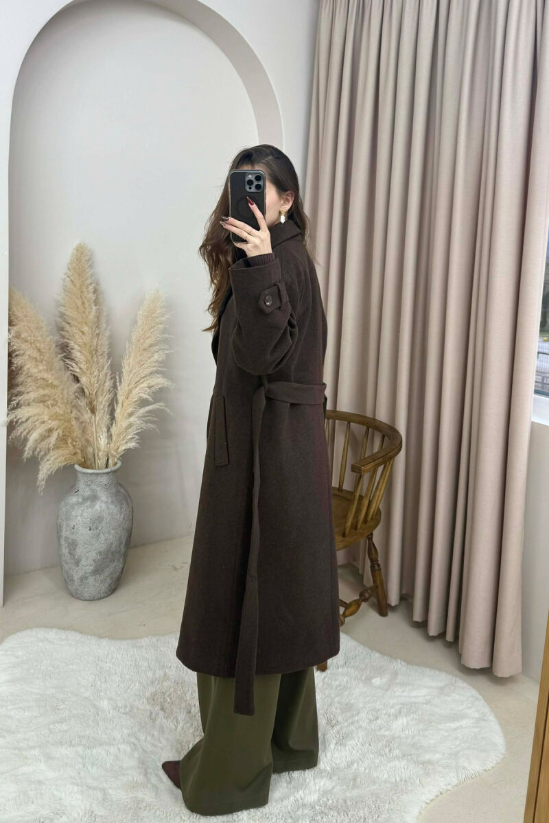 ONE COLOR BELT DETAIL LONG WOMEN TRENCH COAT DARK BROWN/KAE - 5