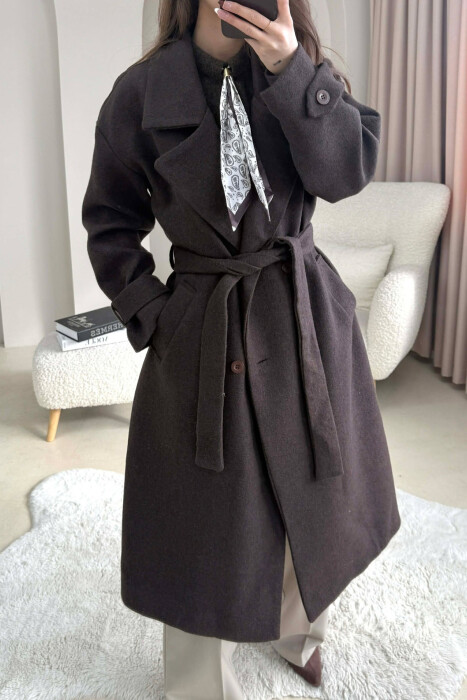 ONE COLOR BELT DETAIL LONG WOMEN TRENCH COAT DARK BROWN/KAE - 1