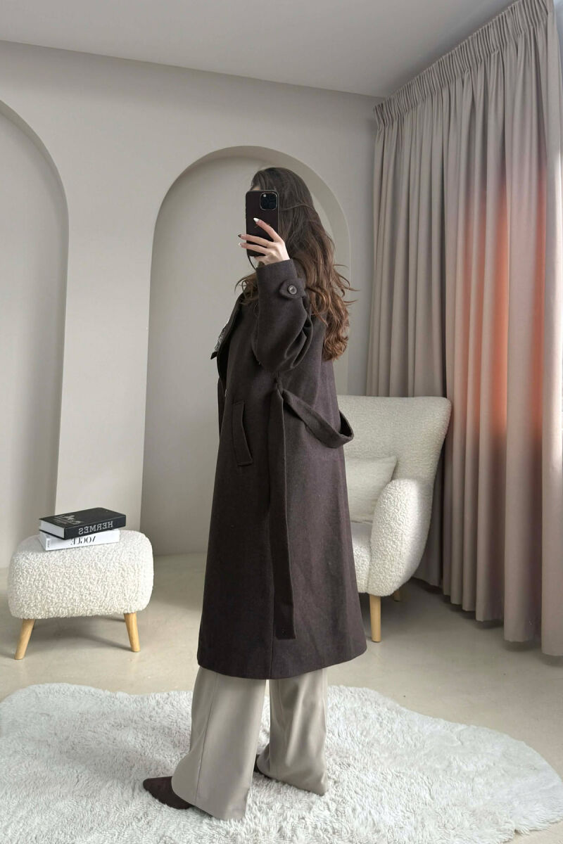 ONE COLOR BELT DETAIL LONG WOMEN TRENCH COAT DARK BROWN/KAE - 5