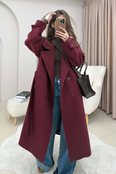 ONE COLOR BELT DETAIL LONG WOMEN TRENCH COAT DARK BURGUNDY/VISHNJE E ERRET - KLAUDIO FASHION