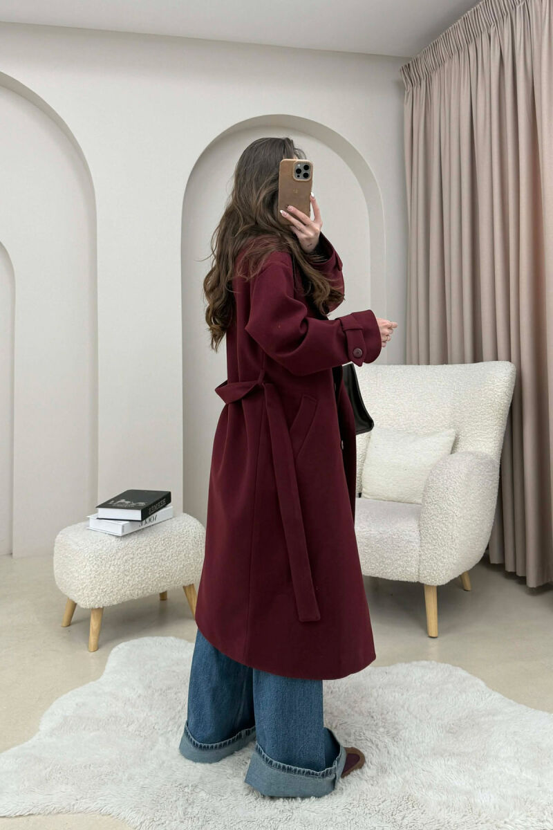 ONE COLOR BELT DETAIL LONG WOMEN TRENCH COAT DARK BURGUNDY/VISHNJE E ERRET - 2