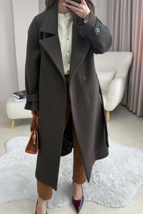 ONE COLOR BELT DETAIL LONG WOMEN TRENCH COAT DARK GREEN/JEE 