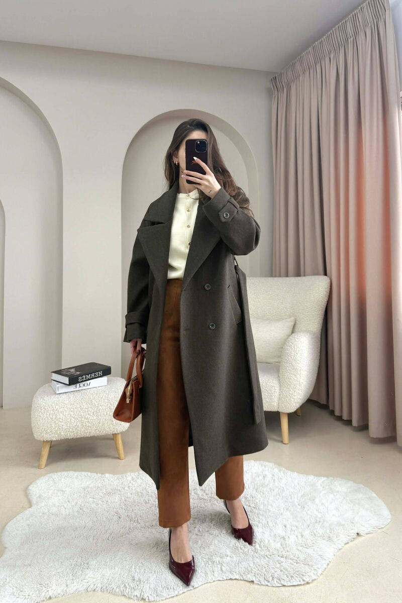 ONE COLOR BELT DETAIL LONG WOMEN TRENCH COAT DARK GREEN/JEE - 2