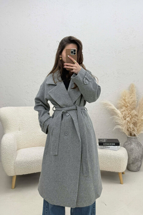 ONE COLOR BELT DETAIL LONG WOMEN TRENCH COAT GREY/GRI 