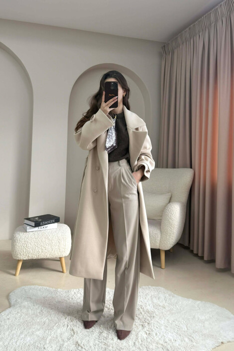 ONE COLOR BELT DETAIL LONG WOMEN TRENCH COAT LIGHT BEIGE/BZHZB - 2