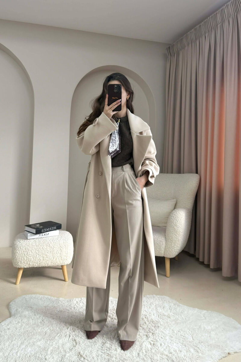 ONE COLOR BELT DETAIL LONG WOMEN TRENCH COAT LIGHT BEIGE/BZHZB - 2