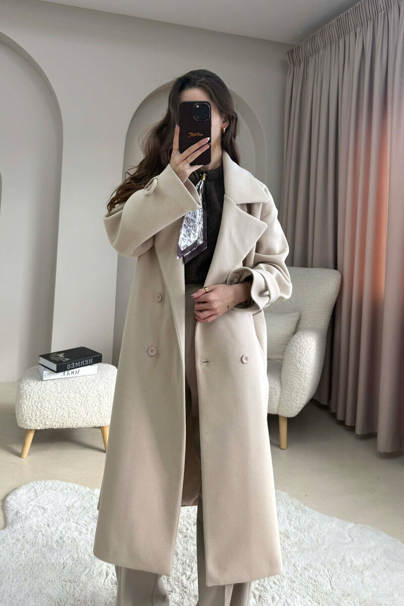 ONE COLOR BELT DETAIL LONG WOMEN TRENCH COAT LIGHT BEIGE/BZHZB - 1