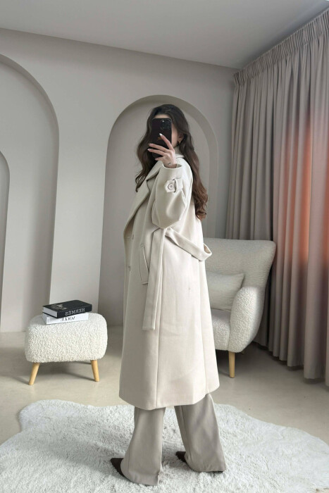 ONE COLOR BELT DETAIL LONG WOMEN TRENCH COAT LIGHT BEIGE/BZHZB - 4