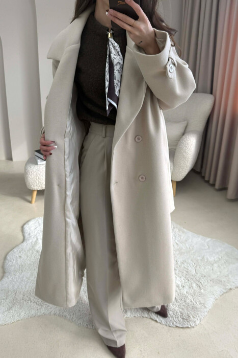 ONE COLOR BELT DETAIL LONG WOMEN TRENCH COAT LIGHT BEIGE/BZHZB - 3