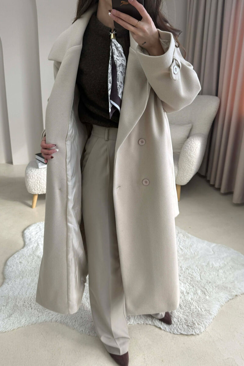 ONE COLOR BELT DETAIL LONG WOMEN TRENCH COAT LIGHT BEIGE/BZHZB - 3