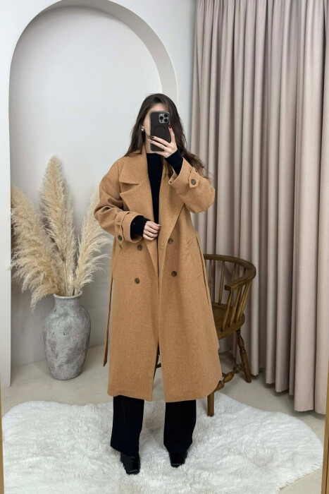 ONE COLOR BELT DETAIL LONG WOMEN TRENCH COAT LIGHT BROWN/KAZB - 1