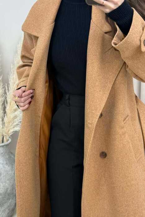 ONE COLOR BELT DETAIL LONG WOMEN TRENCH COAT LIGHT BROWN/KAZB - 2