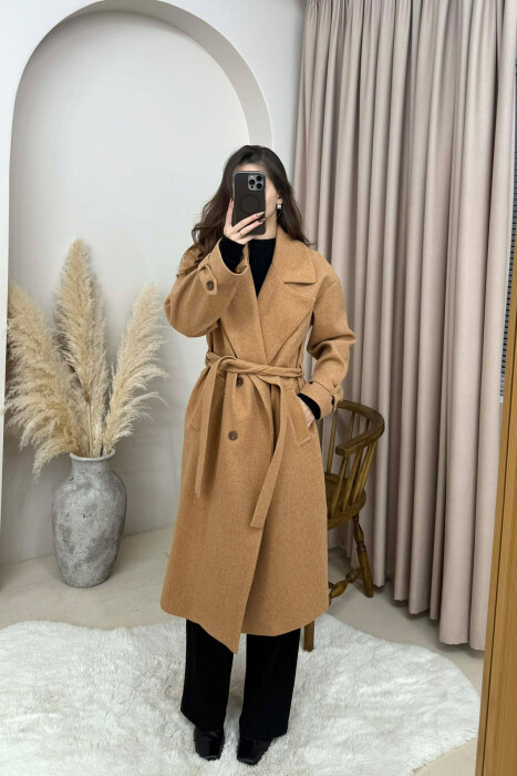 ONE COLOR BELT DETAIL LONG WOMEN TRENCH COAT LIGHT BROWN/KAZB - 4