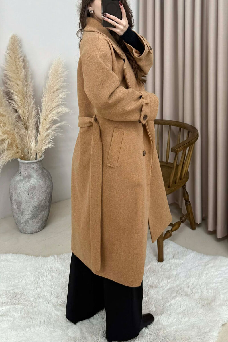 ONE COLOR BELT DETAIL LONG WOMEN TRENCH COAT LIGHT BROWN/KAZB - 5