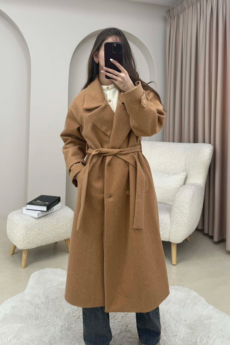 ONE COLOR BELT DETAIL LONG WOMEN TRENCH COAT LIGHT BROWN/KAZB - 1